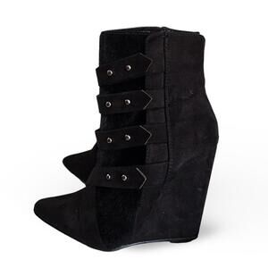 SOLD- Black Suede/Fur Pointed Wedge Booties, Women's 6.5